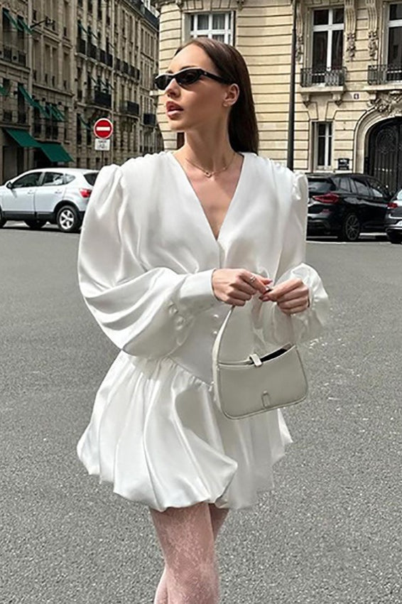 Satin V-Neck Puff Sleeve Bubble Hem Mini Dress