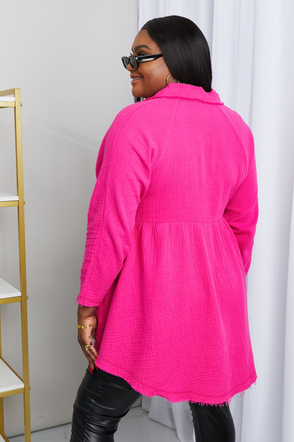 Zenana Bright and Airy Raw Edge Peplum Shirt with Pockets in Hot Pink - Fashionpara