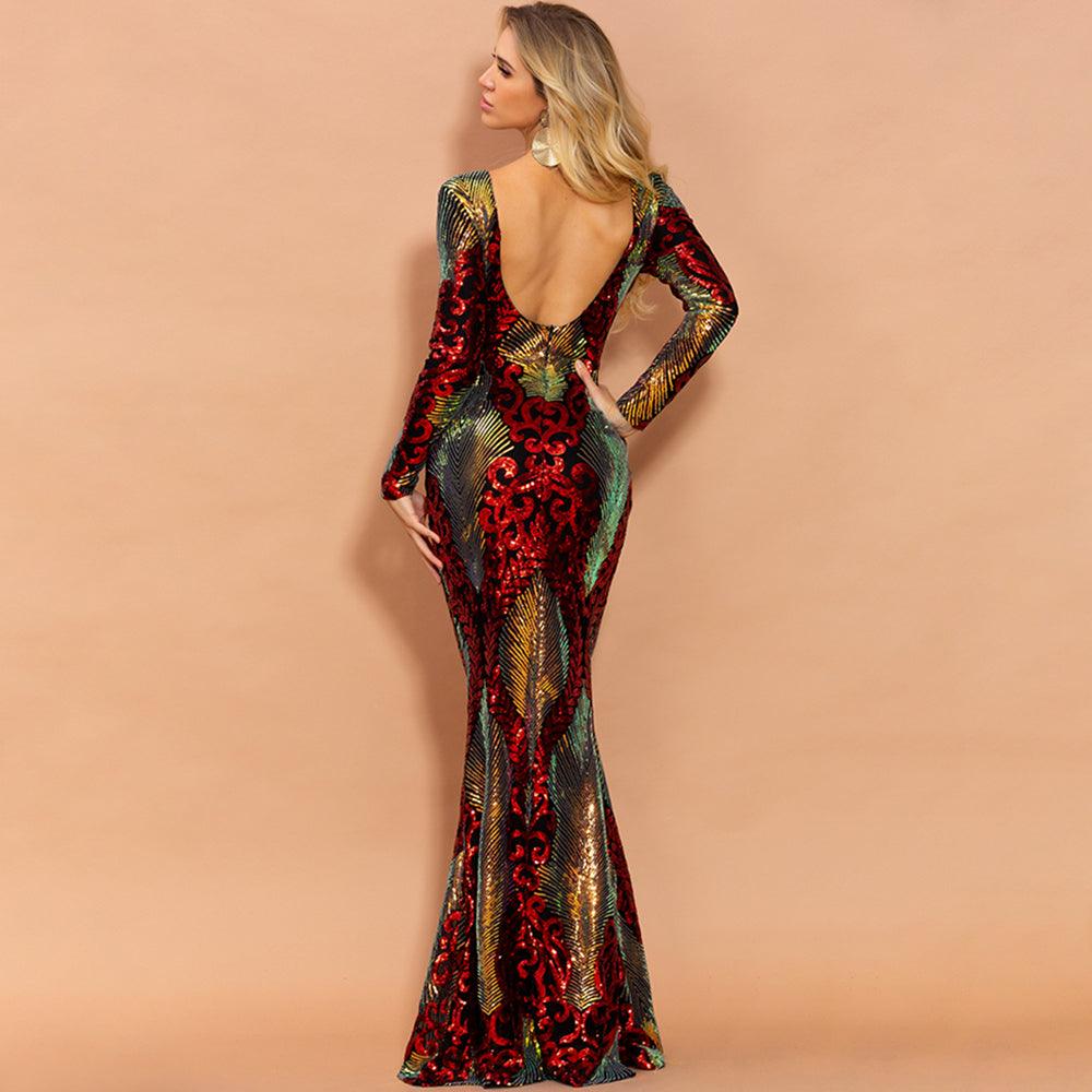 Scarlet Shimmering Brocade Sequin Backless Dress - Fashionpara