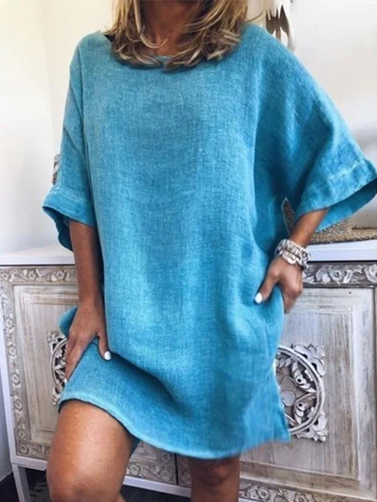 Linen Look Drop Shoulder Round Neck Pocket Relaxed Shift Mini Dress