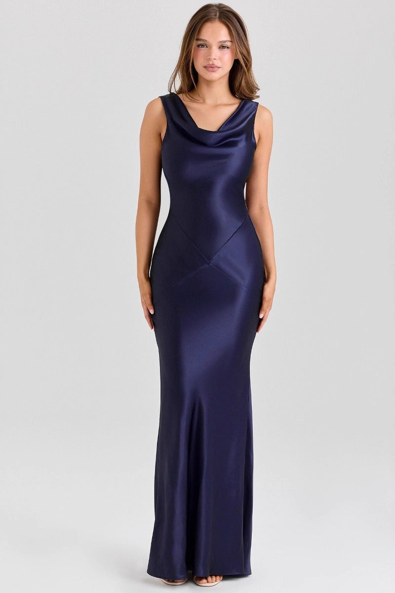 Satin Cowl Neck Sleeveless Bias Cut Slip Midi Dress - View 4