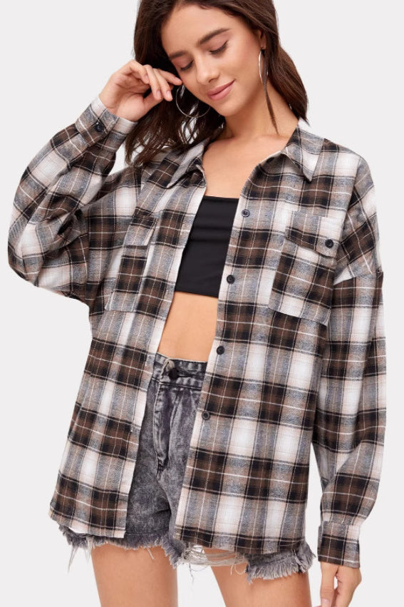 Plaid Stand Collar Button Shirt Blouse - Fashionpara