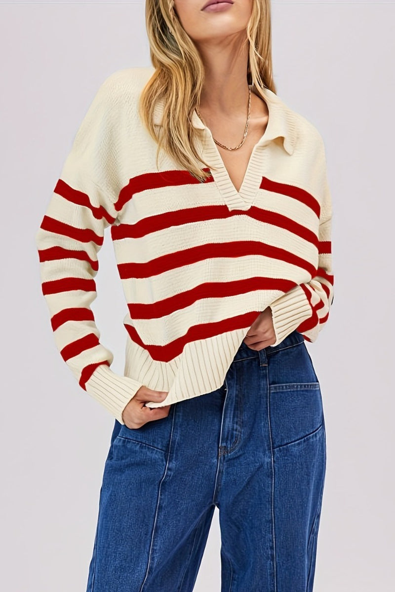 Striped Wool Collar V-Neck Sweater 22
