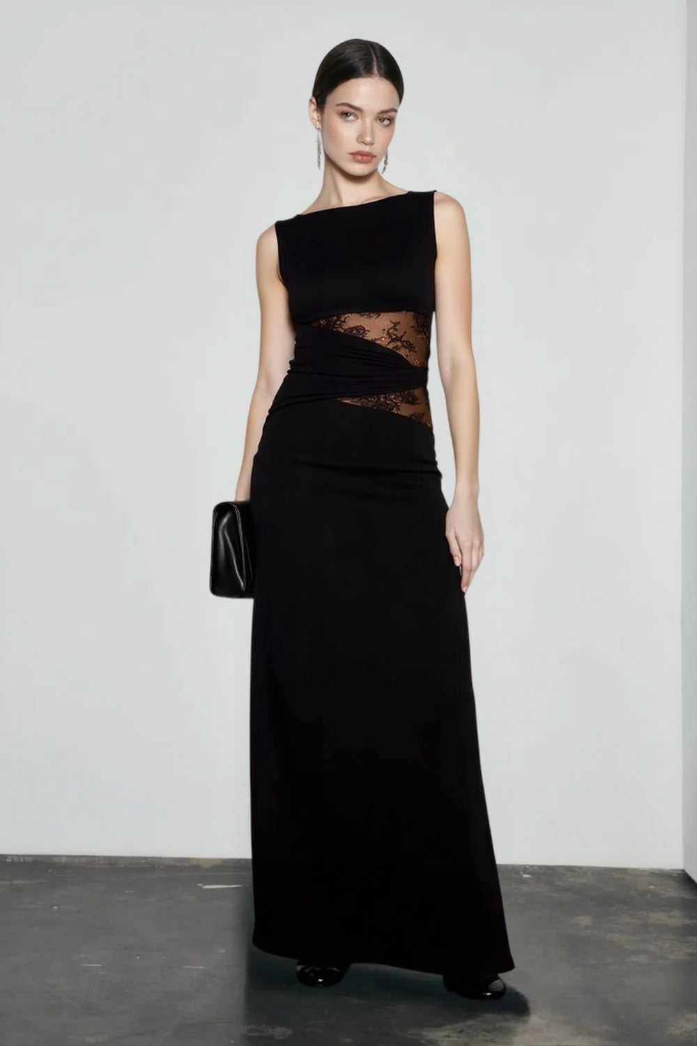 Lace Cut Out Boat Neck Column Maxi Gown