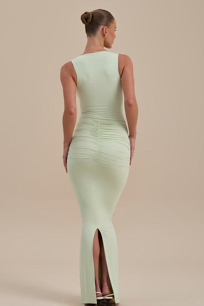 Ruched V-Neck Sleeveless Bodycon Fishtail Maxi Dress