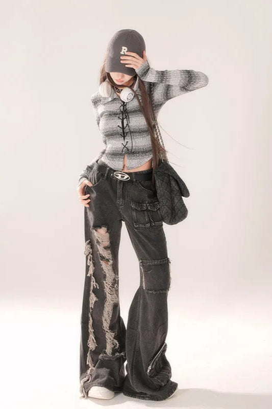 High Waist Ripped Wide Leg Jeans
