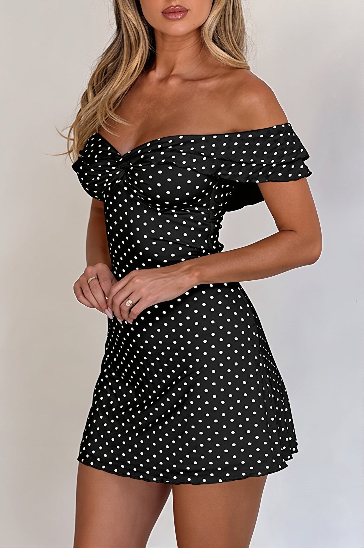 Polka Dot Off Shoulder Twist Front Mini Dress