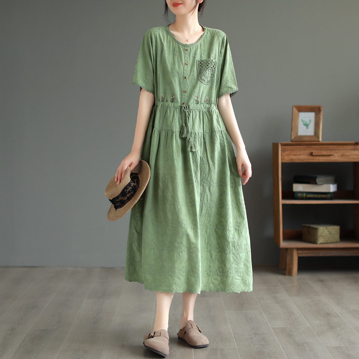 Embroidered Floral Scallop Trim Button Front Midi Dress