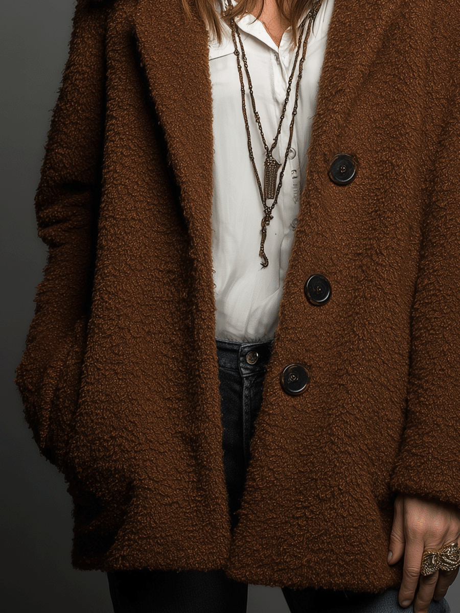 Vintage Cozy Brown Teddy Textured Coat - Fashionpara
