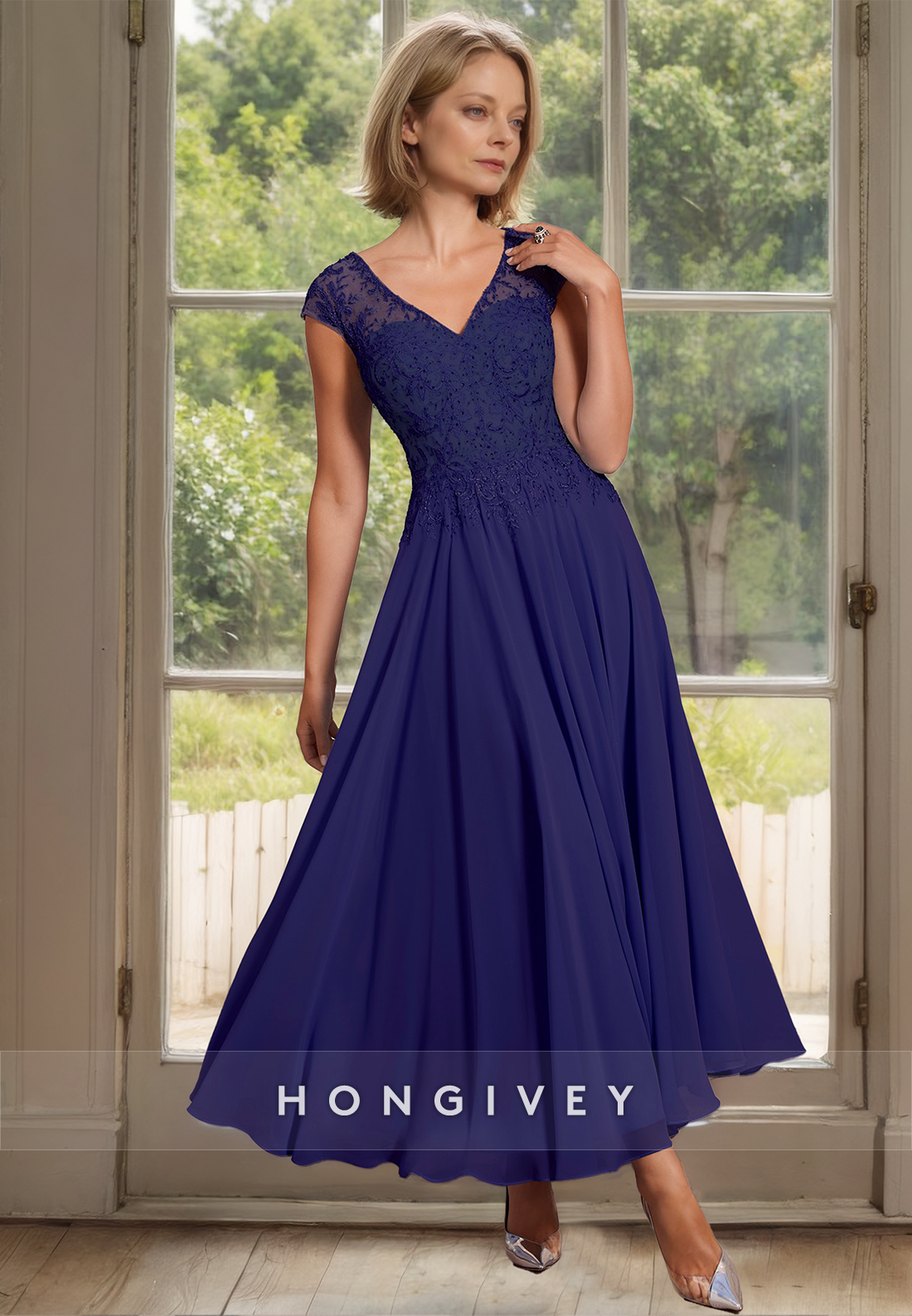 Solid Chiffon Mother of the Bride Dress V-Neck A-Line Wedding Plus Size Guest Gown