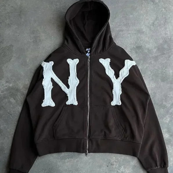 Letter Embroidered Oversized Zip Hoodie