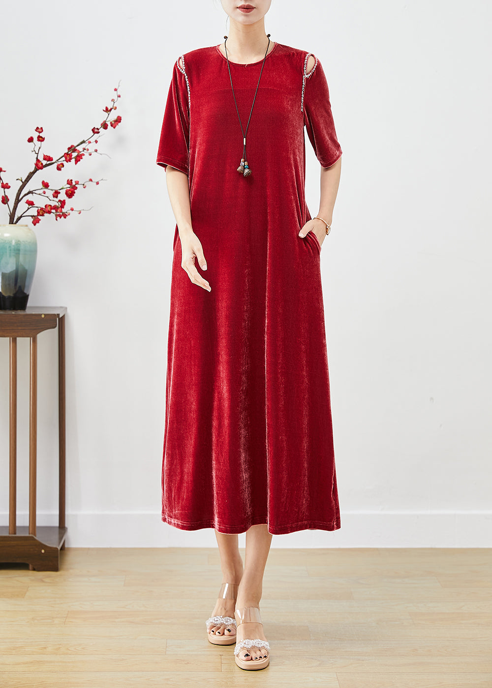 Velvet Cold Shoulder Cut Out Braided Trim Short Sleeve Midi Dress