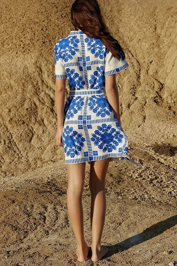 Unique Print Short Sleeve Button Tie Waist Mini Dress - Fashionpara