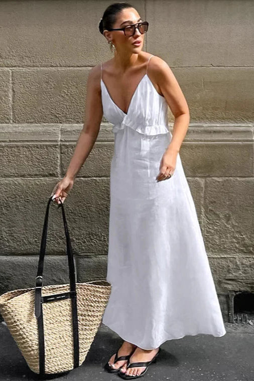 Sexy White Cotton Linen V-Neck Ruffle Loose Maxi Dress