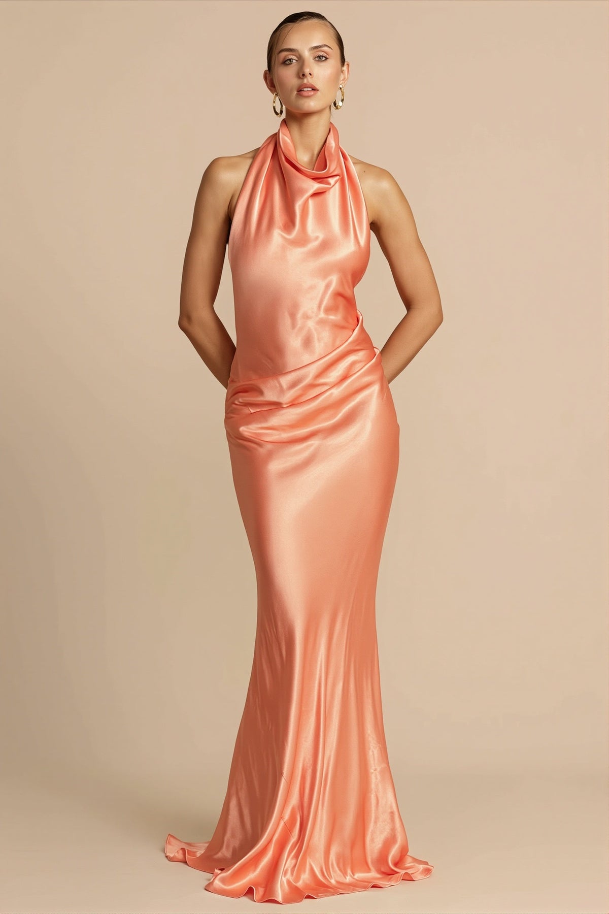 Satin Cowl Neck Halter Backless Mermaid Gown