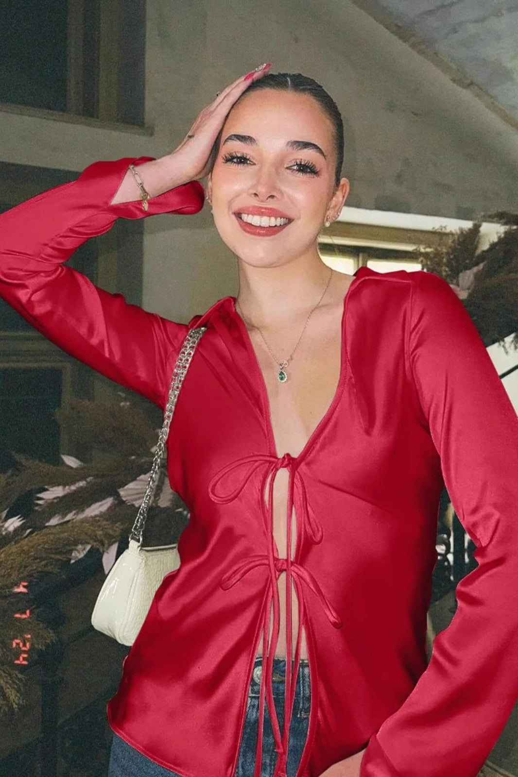 Satin Tie Front Blouse - Fashionpara