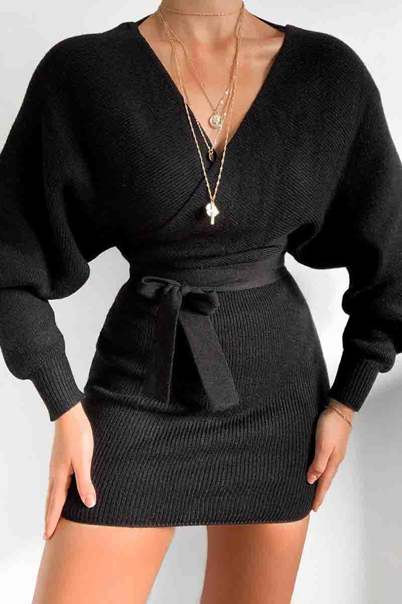V Neck Knit Sweater Dress(3 Colors)  Fashionpara