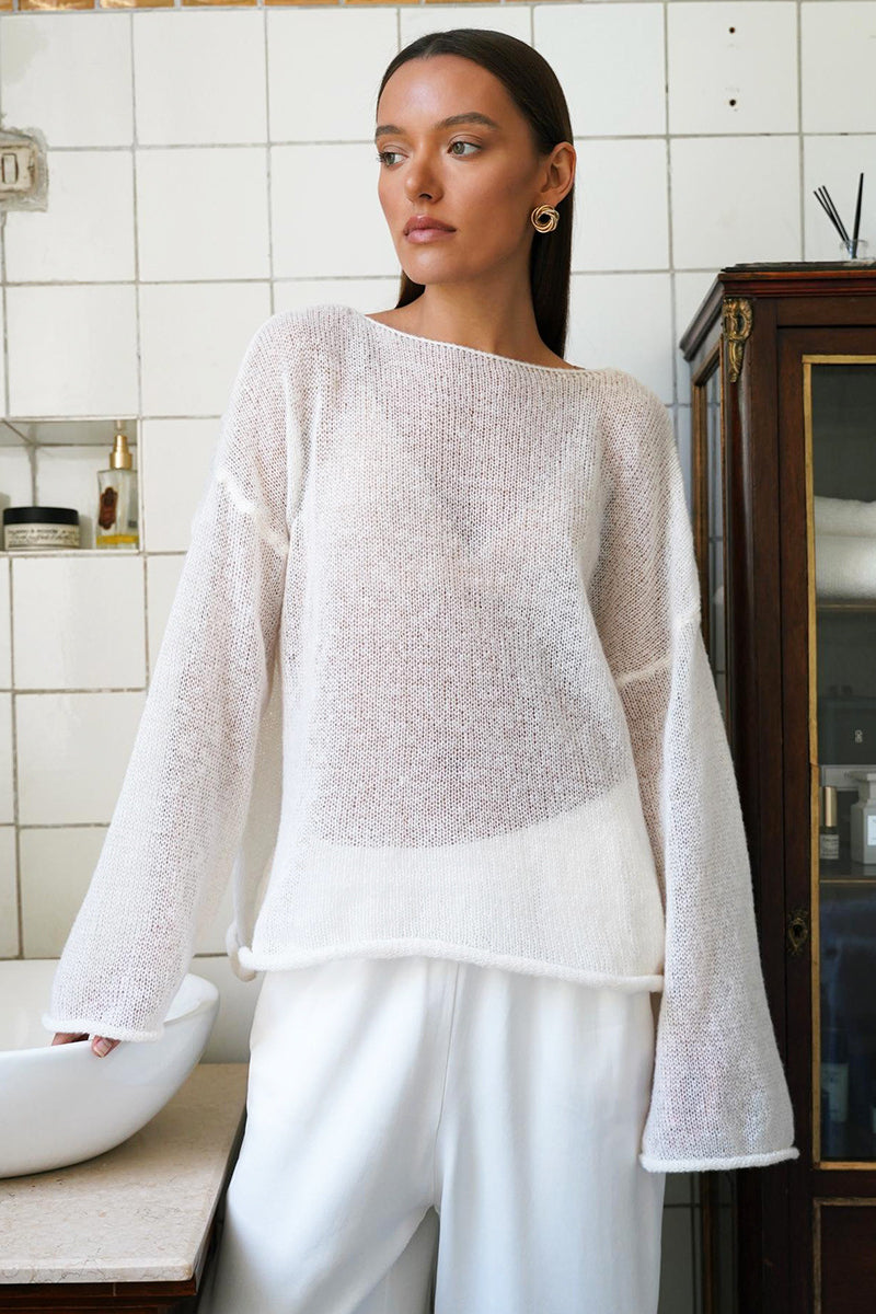 Elegant Hollow Out Bell Sleeve Knit Sweater for Women