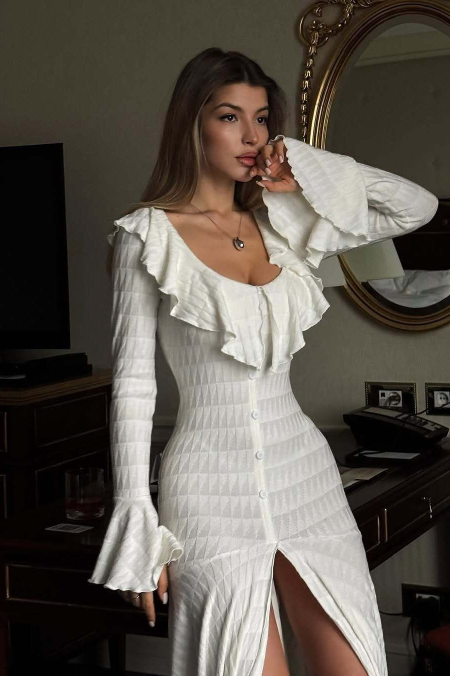 Ruffle Scoop Neck Long Sleeve Button Maxi Dress 3