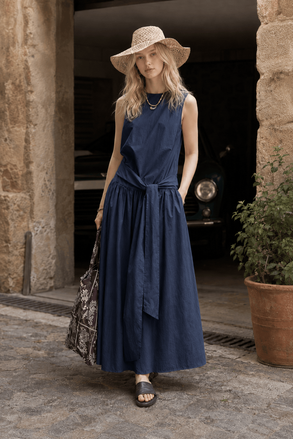 Sleeveless Drop-Waist Tie-Front Tiered Maxi Dress