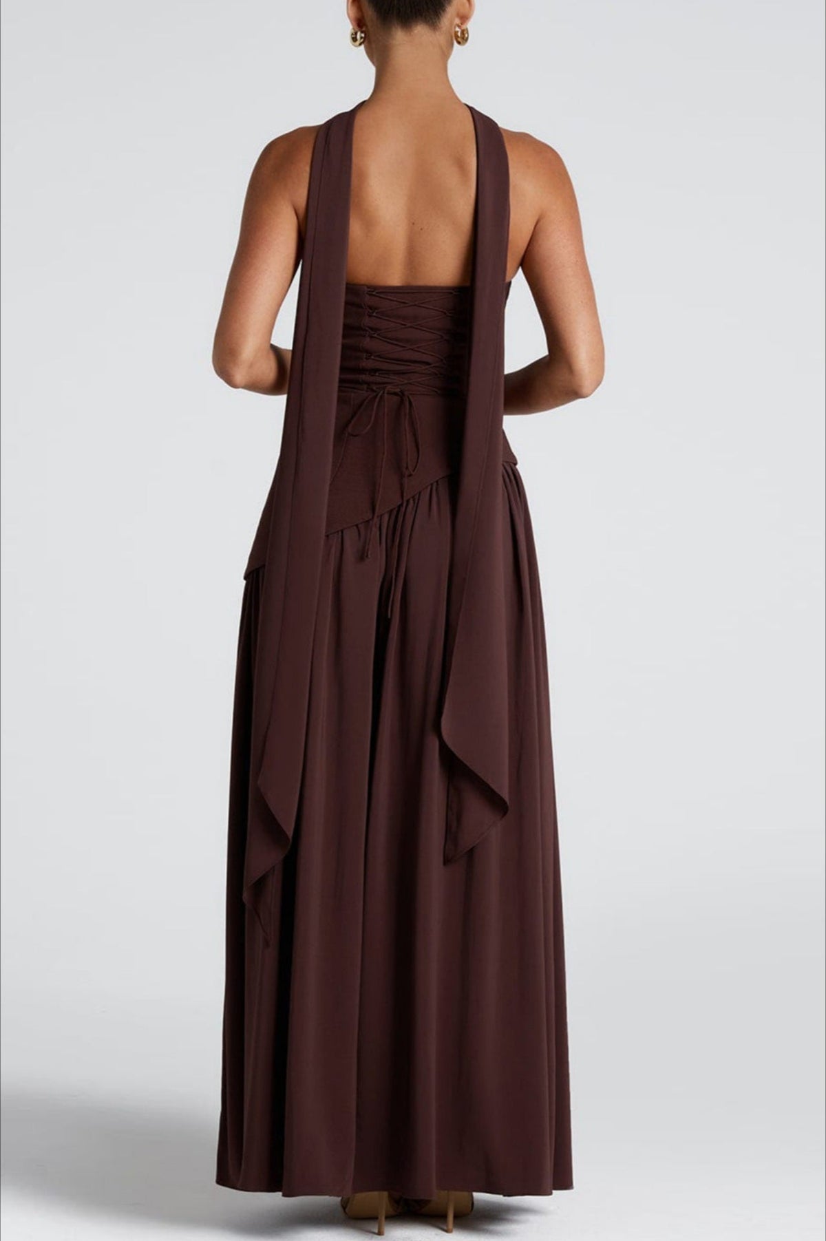 Strapless Choker Neck Asymmetric High-Slit Maxi Dress
