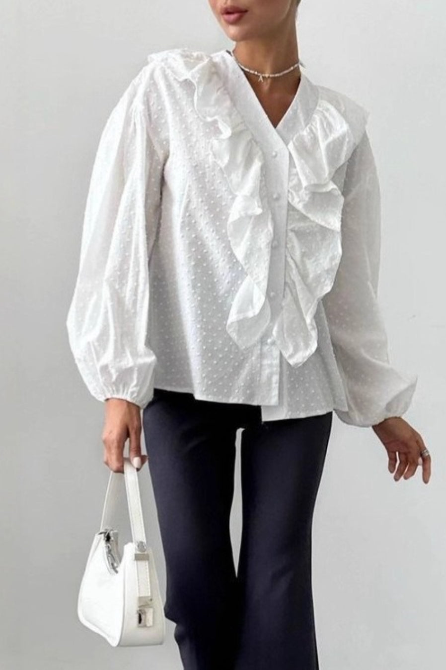 Polka Dot V Neck Ruffle Blouse - Fashionpara