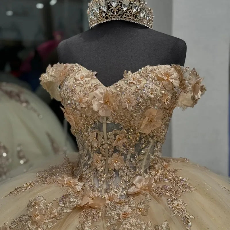 Champagne Off the Shoulder Ball Gown Applique Quinceanera Dress with Train - Fashionpara