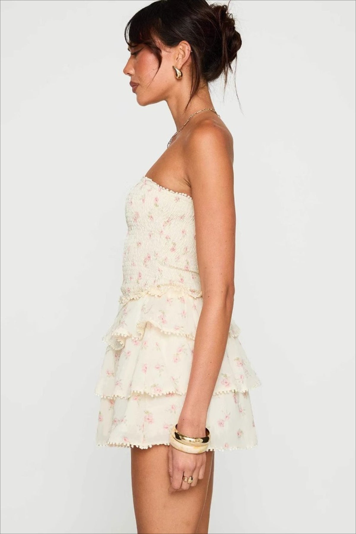 Floral Strapless Shirred Tiered Ruffle Mini Dress