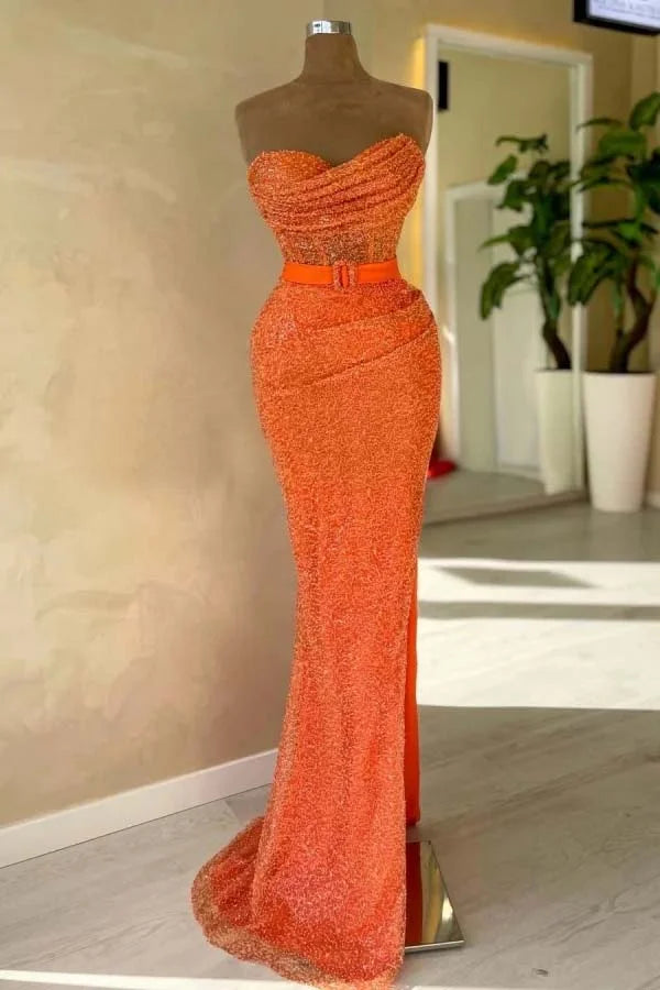 Orange Sequins Split Evening Dress With Belt ZT0396