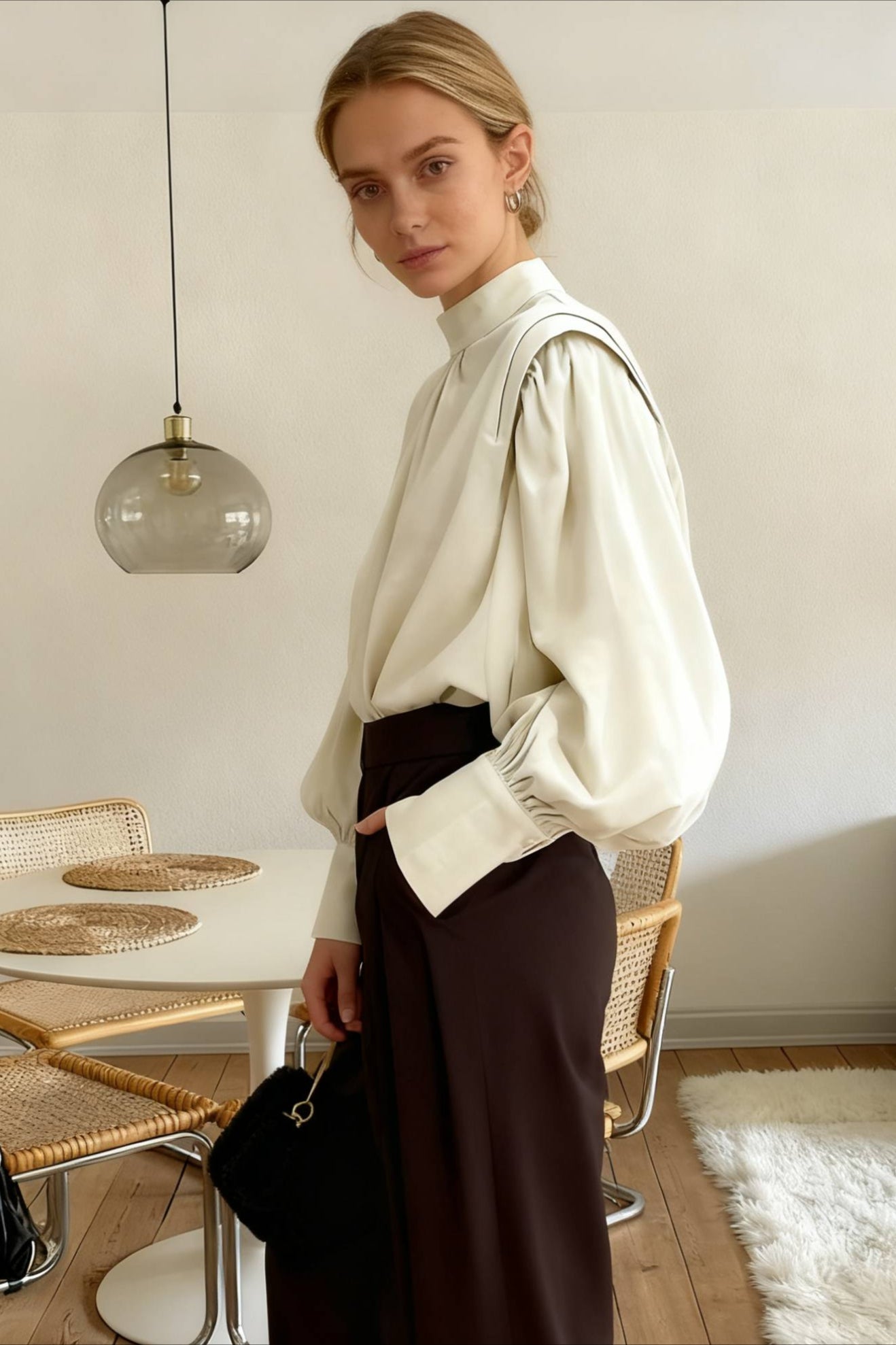 Black Lantern Sleeve Button-Up Blouse - Fashionpara