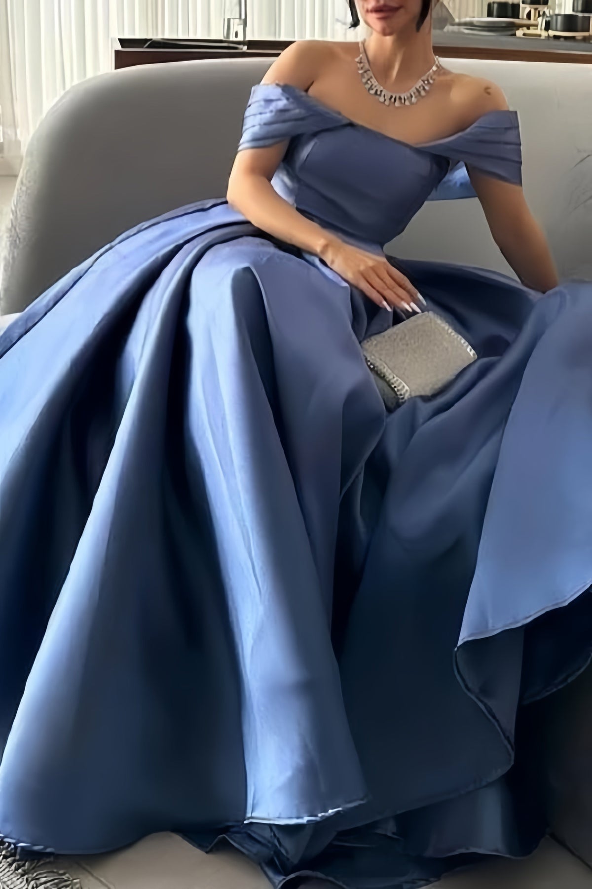 Satin Off Shoulder Pleated Ball Gown 3