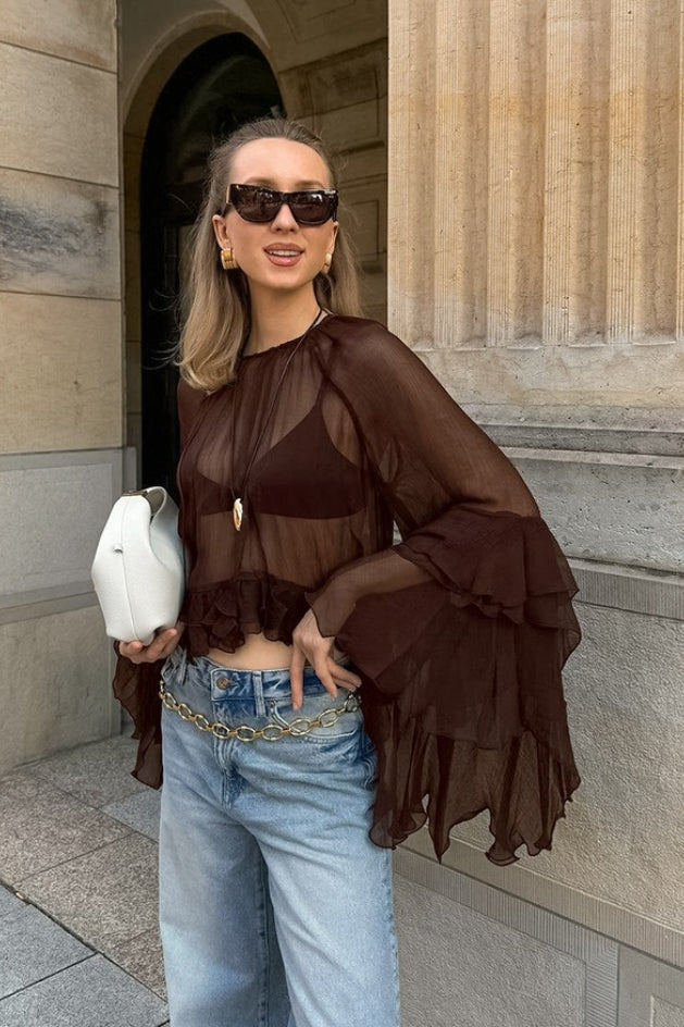 Ruffle Sleeve Loose Chiffon Blouse - Fashionpara
