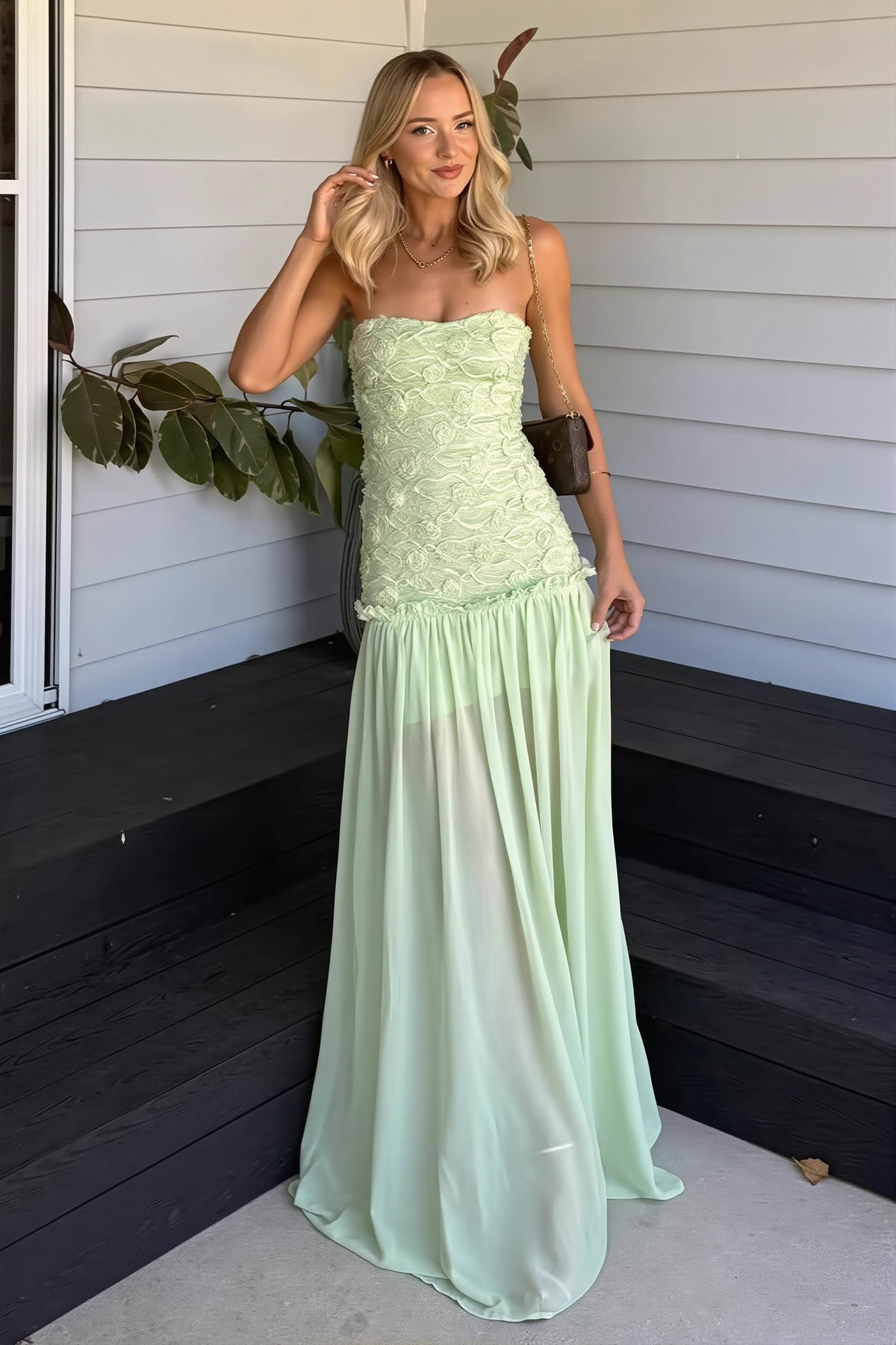 Strapless Textured Bodice Sheer Maxi Gown
