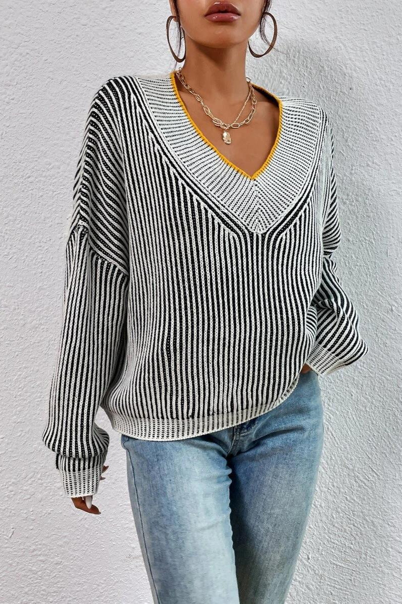 PrincessAce Striped V-Neck Batwing Sweater in Colorblock Style