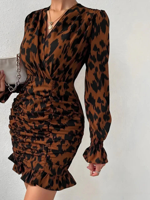 Leopard Print V-neck Tie Waist Bodycon Mini Dress Party Dress - Fashionpara