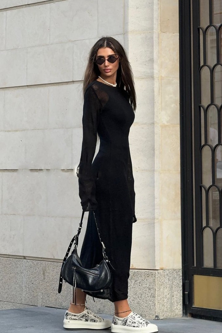 Hollow Out Pink Bodycon Knit Maxi Dress