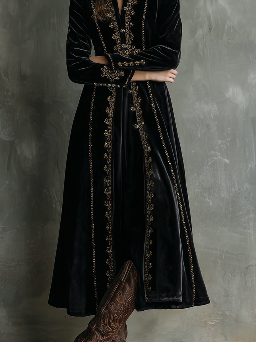 Retro Velvet Embroidered Stand Collar Mid-length Coat - Fashionpara