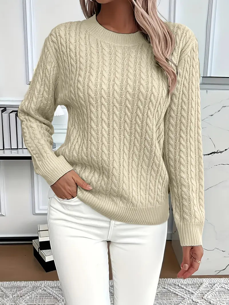 Crew Neck Long Sleeve Cable Knit Sweater 9