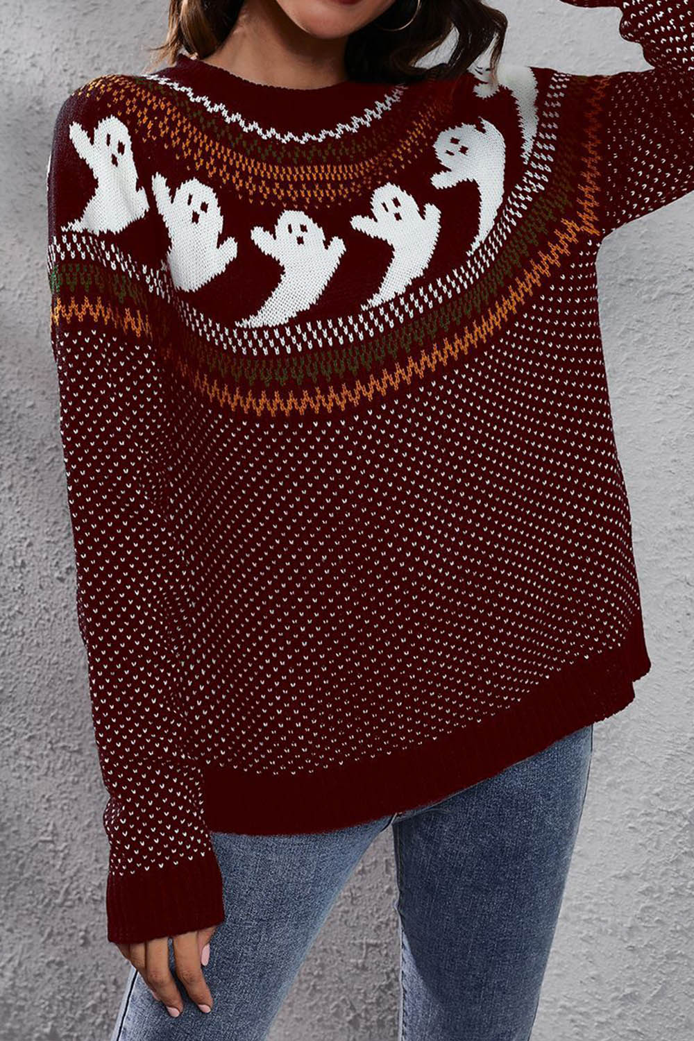 Halloween Ghost Retro Polka Dot Long Sleeve Knitted Sweater - Fashionpara