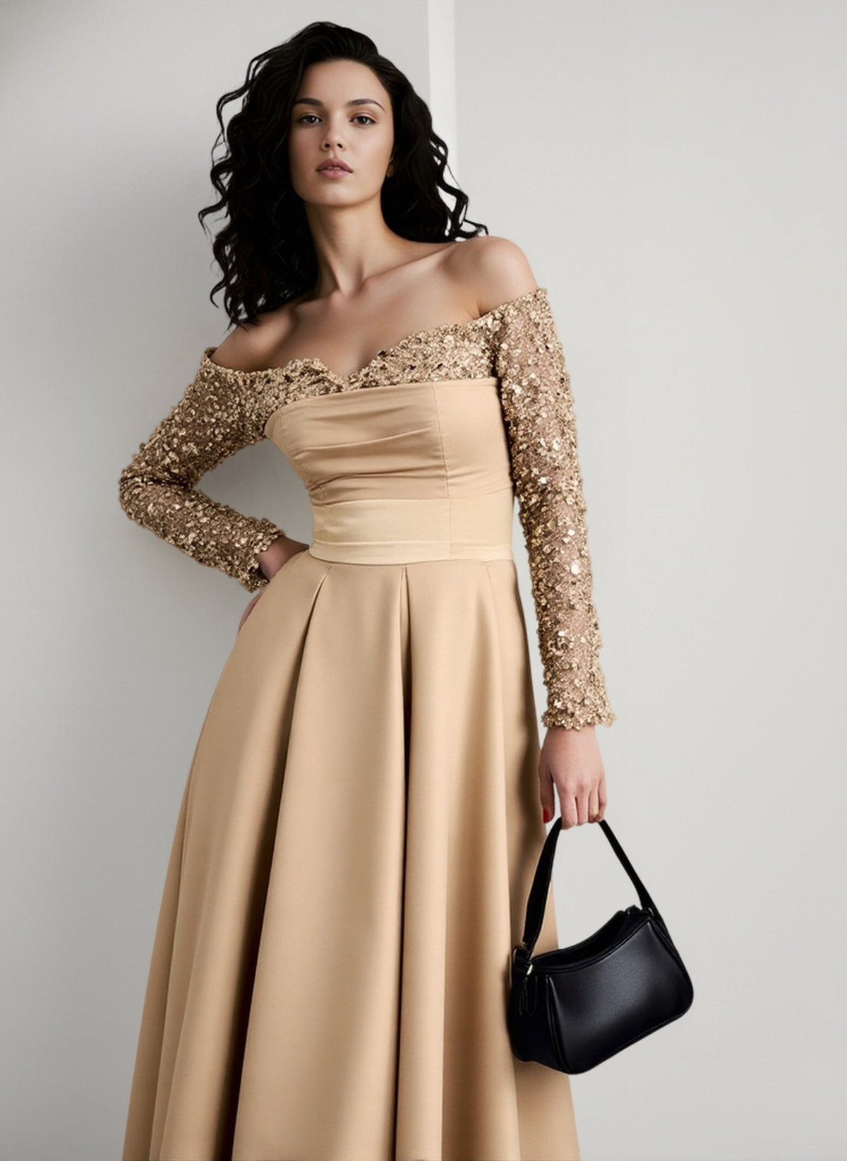 Off Shoulder Long Sleeve Sequin Satin A-Line Gown 2