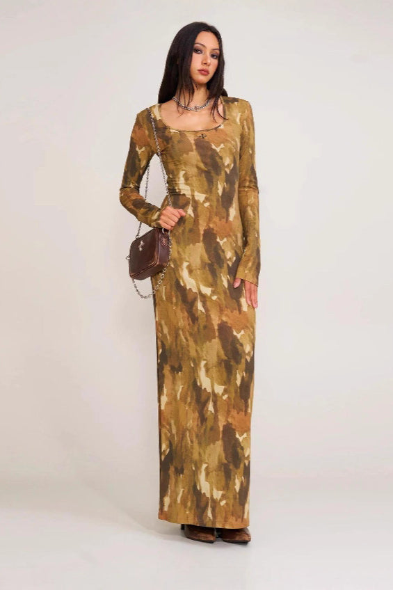 Abstract Print Square Neck Long Sleeve Maxi Dress