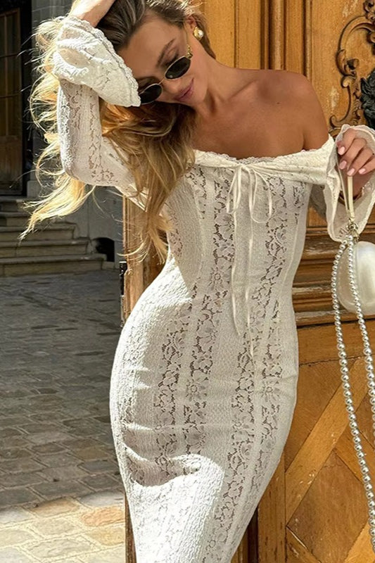 Lace Off Shoulder Long Sleeve Corset Midi Dress