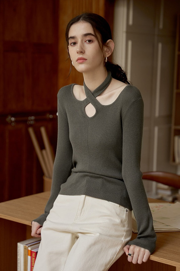 Halter Neck Openwork Wool Knit Top