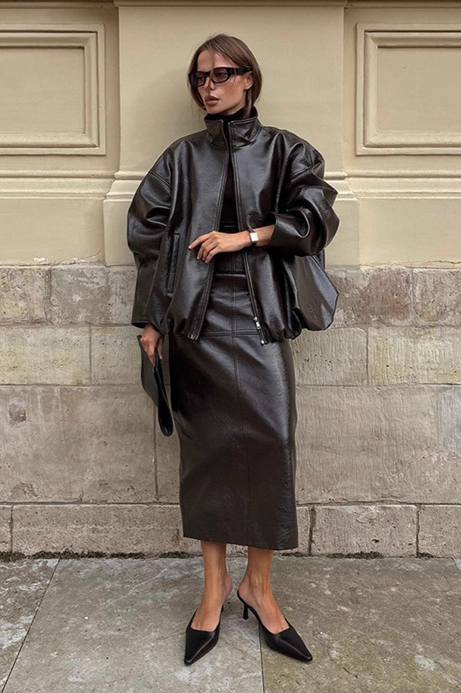 Chic Solid Patent Leather Stand Collar Jacket Skirt Two Piece Set