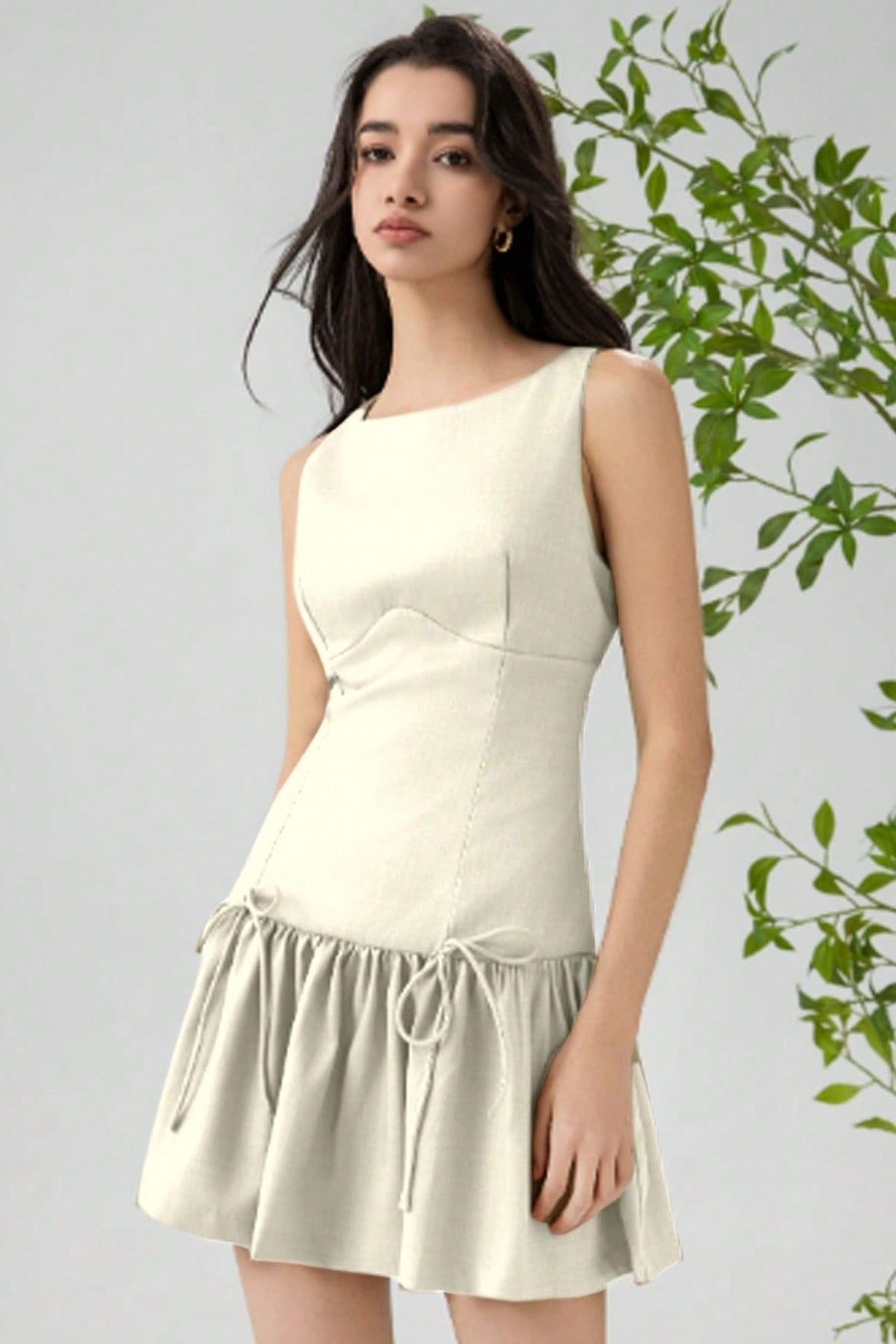 Solid Color Bow Sleeveless Mini Dress