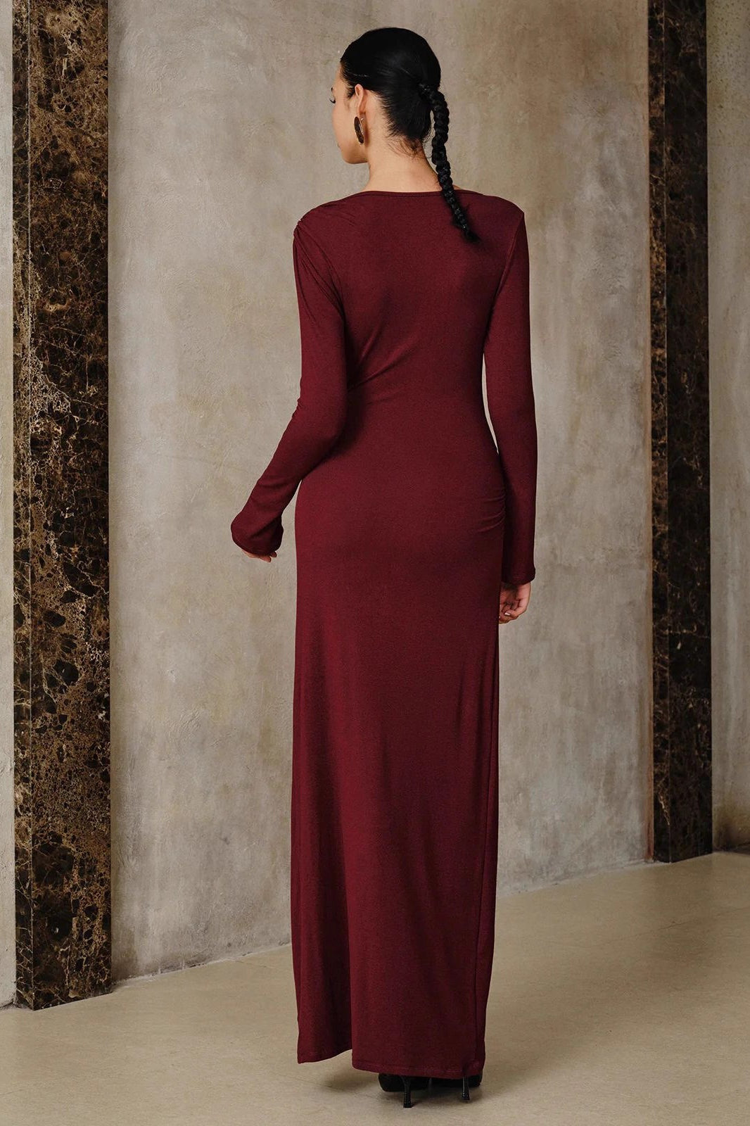 Jersey Boat-Neck Long Sleeve Twist-Front Maxi Dress