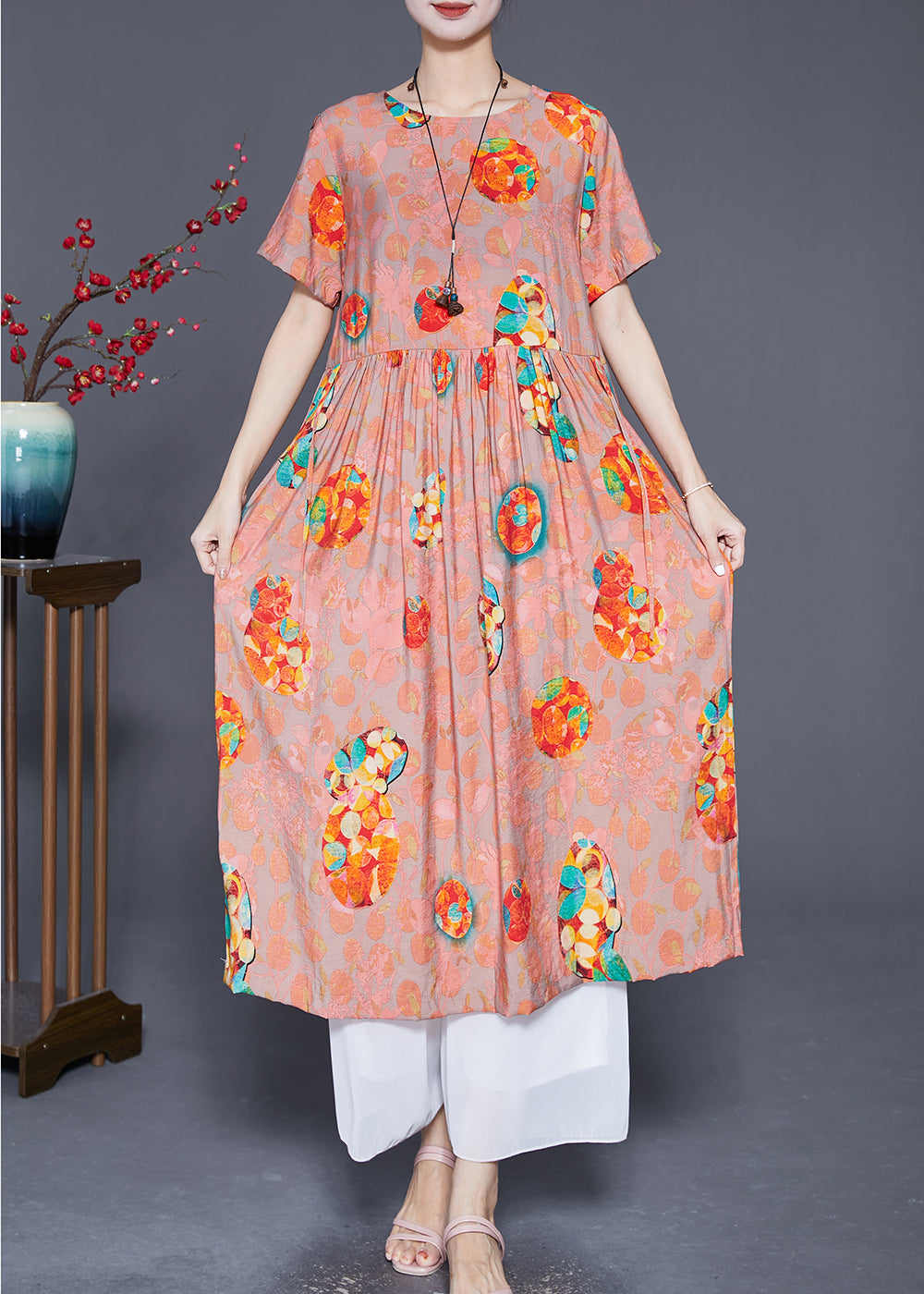 Abstract Print Round Neck Short Sleeve Empire Waist Midi Dress