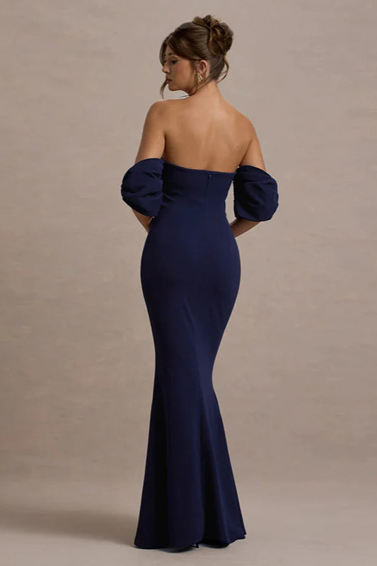 Elegant Fit-and-Flare Bubble Sleeve Strapless Party Dress - Fashionpara