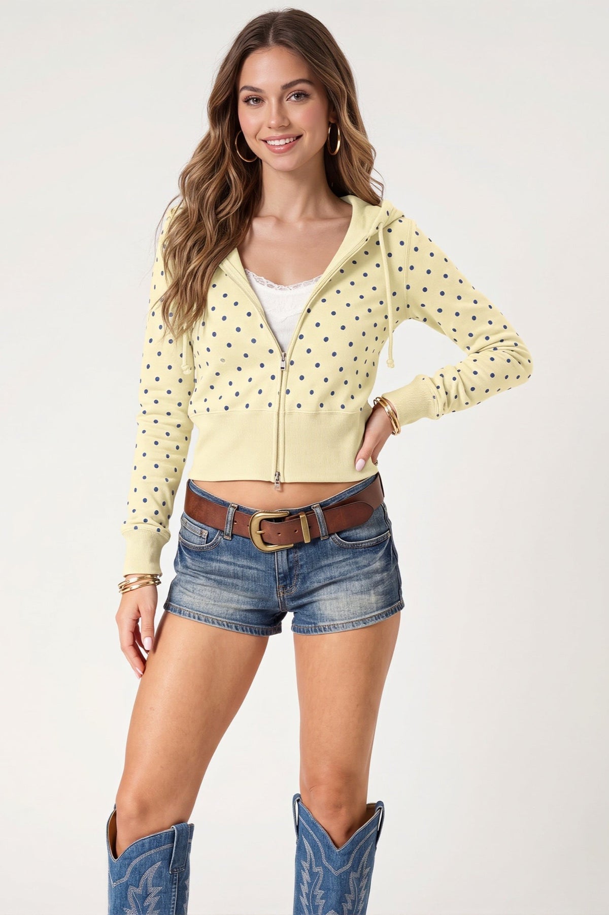 Polka Dot Fitted Zip Front Cropped Hoodie