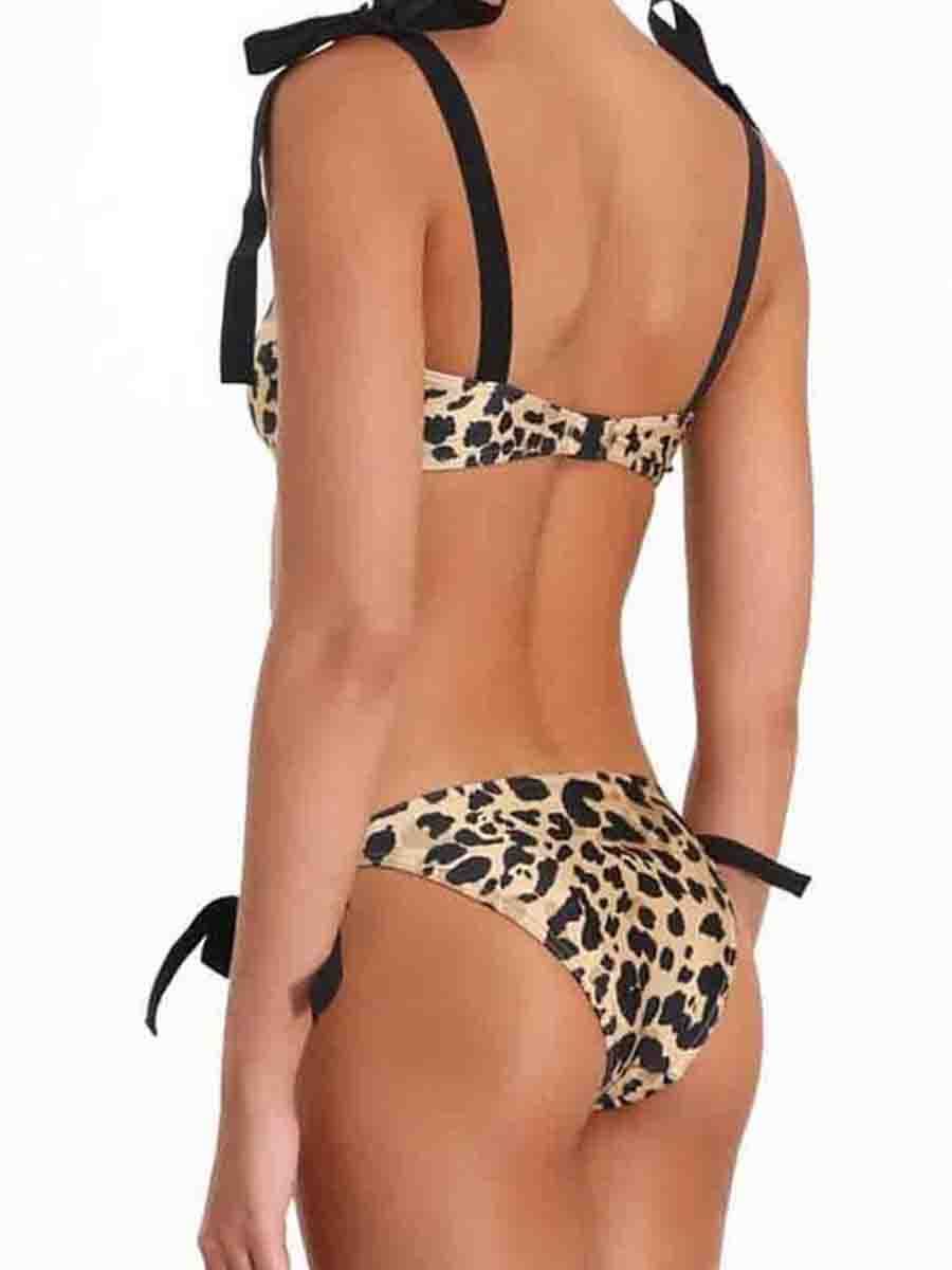 Self Tie Bandeau Leopard Print Two Pieces Swimsuit - Fashionpara